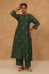 Buy_Charu Makkar_Olive Green Chanderi, Cotton Embroidery Round Neck Kurta And Pant Set _at_Aza_Fashions