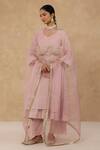 Buy_Charu Makkar_Blush Chanderi, Tissue, Organza V-neck Pink Kurta Set _at_Aza_Fashions