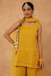 Buy_Charu Makkar_Mustard Chanderi, Tissue, Organza Embroidery Round Neck Kurta Set _Online_at_Aza_Fashions