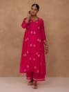 Charu Makkar_Red Chanderi Embroidery V-neck Rani Kurta And Pant Set _Online
