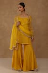 Buy_Charu Makkar_Aqua Chanderi, Organza, Tissue Sequins, Embroidery Round Mustard Kurta Set _at_Aza_Fashions