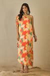 Shop_Label Nitika_Orange Modal, Satin Embroidery Asymmetric Floral Print One-shoulder Dress _Online_at_Aza_Fashions