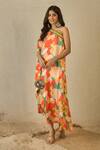 Label Nitika_Orange Modal, Satin Embroidery Asymmetric Floral Print One-shoulder Dress _at_Aza_Fashions