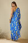 Label Nitika_Blue Modal, Satin Beads One Shoulder Royal Floral Print Designer Dress _Online_at_Aza_Fashions