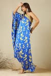 Label Nitika_Blue Modal, Satin Beads One Shoulder Royal Floral Print Designer Dress _at_Aza_Fashions