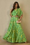 Buy_Label Nitika_Green Modal, Satin Embroidery, Buckles Open Neck Floral Print Lehenga Set _at_Aza_Fashions