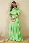Buy_Label Nitika_Green Modal, Satin V-neck Floral Print Lehenga Set _at_Aza_Fashions