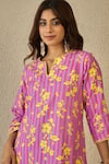 Label Nitika_Purple Cotton Embroidery V-neck Floral Print Kurta And Striped Pant Set _Online_at_Aza_Fashions
