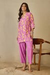 Buy_Label Nitika_Purple Cotton Embroidery V-neck Floral Print Kurta And Striped Pant Set _at_Aza_Fashions