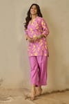 Buy_Label Nitika_Purple Cotton Embroidery V-neck Floral Print Kurta And Striped Pant Set 