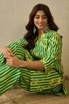 Label Nitika_Green Cotton Embroidery V-neck And Yellow Striped Kurta Pant Set _Online_at_Aza_Fashions