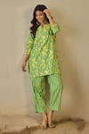 Buy_Label Nitika_Green Cotton Embroidery V-neck And Yellow Striped Kurta Pant Set _at_Aza_Fashions