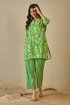 Shop_Label Nitika_Green Cotton Embroidery V-neck And Yellow Striped Kurta Pant Set _Online_at_Aza_Fashions