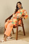 Label Nitika_Orange Cotton Split V-neck Printed Kurta And Pant Set _at_Aza_Fashions
