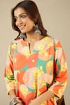 Label Nitika_Orange Cotton Split V-neck Floral Print Kurta And Checkered Pant Set _Online_at_Aza_Fashions