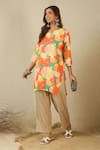 Buy_Label Nitika_Orange Cotton Split V-neck Floral Print Kurta And Checkered Pant Set 