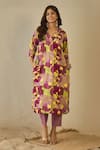 Label Nitika_Purple Cotton Split V-neck Floral Print Kurta And Pant Set _at_Aza_Fashions