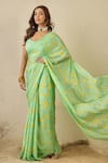 Shop_Label Nitika_Green Satin, Georgette Floral Print Saree And Blouse Set _Online_at_Aza_Fashions