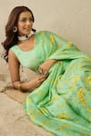 Label Nitika_Green Satin, Georgette Floral Print Saree And Blouse Set _at_Aza_Fashions