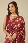 Shop_Label Nitika_Maroon Satin, Georgette Square Neck Saree With Stitched Blouse 