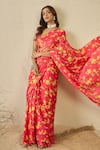 Buy_Label Nitika_Fuchsia Satin, Georgette Square Neck Saree With Stitched Blouse _Online_at_Aza_Fashions