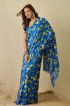 Label Nitika_Blue Satin, Georgette Royal Floral Print Saree Set _Online_at_Aza_Fashions
