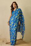 Buy_Label Nitika_Blue Satin, Georgette Square Neck Royal Saree With Stitched Blouse _at_Aza_Fashions