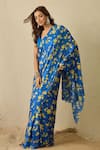 Label Nitika_Blue Satin, Georgette Square Neck Royal Saree With Stitched Blouse _Online_at_Aza_Fashions