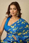 Shop_Label Nitika_Blue Satin, Georgette Square Neck Royal Saree With Stitched Blouse _Online_at_Aza_Fashions