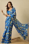 Label Nitika_Blue Satin, Georgette Square Neck Royal Saree With Stitched Blouse _at_Aza_Fashions