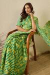 Shop_Label Nitika_Green Satin, Georgette Emerald Striped Saree With Unstitched Blouse Piece _Online_at_Aza_Fashions