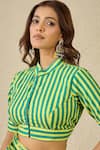 Label Nitika_Green Satin, Georgette, Cotton Emerald Striped Saree With Stitched Blouse _Online_at_Aza_Fashions