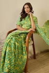 Shop_Label Nitika_Green Satin, Georgette, Cotton Emerald Striped Saree With Stitched Blouse _Online_at_Aza_Fashions
