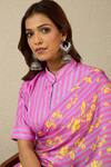 Label Nitika_Purple Satin, Georgette, Cotton Mandarin Pink Striped Saree With Stitched Blouse _at_Aza_Fashions