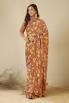 Label Nitika_Black Satin, Georgette, Cotton Round Coral Striped Saree With Stitched Blouse _at_Aza_Fashions