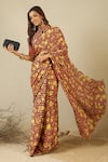 Buy_Label Nitika_Black Satin, Georgette, Cotton Round Coral Striped Saree With Stitched Blouse _at_Aza_Fashions