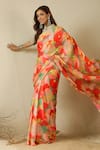 Label Nitika_Orange Satin, Georgette, Cotton Abstract Saree With Checks Print Stitched Blouse _Online