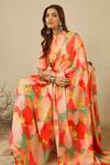 Shop_Label Nitika_Orange Satin, Georgette Collared Circle Print Saree And Stitched Blouse _Online_at_Aza_Fashions