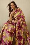Shop_Label Nitika_Purple Satin, Georgette, Plum Abstract Saree With Checks Print Stitched Blouse _Online_at_Aza_Fashions