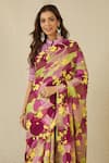 Shop_Label Nitika_Purple Satin, Georgette, Cotton Round Neck Floral Print Saree And Blouse _Online_at_Aza_Fashions