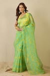 Buy_Label Nitika_Green Silk Organza, Chanderi Sweetheart Teal Saree With Yellow Stitched Blouse _at_Aza_Fashions