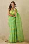 Buy_Label Nitika_Green Silk Organza, Chanderi Sweetheart Teal Saree With Yellow Stitched Blouse 