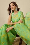 Label Nitika_Green Silk Organza, Chanderi Floral Print Saree With Blouse Piece _Online_at_Aza_Fashions