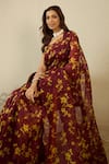 Buy_Label Nitika_Maroon Silk Organza, Chanderi Floral Print Saree And Blouse _Online_at_Aza_Fashions