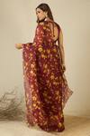 Shop_Label Nitika_Maroon Chanderi, Silk Organza Round Neck Saree With Stitched Blouse _at_Aza_Fashions