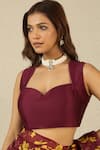 Label Nitika_Maroon Chanderi, Silk Organza Round Neck Saree With Stitched Blouse _at_Aza_Fashions