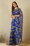 Shop_Label Nitika_Blue Silk Organza, Chanderi Floral Print Royal Saree And Blouse _Online_at_Aza_Fashions