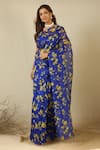 Label Nitika_Blue Silk Organza, Chanderi Floral Print Royal Saree And Blouse _at_Aza_Fashions