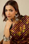 Label Nitika_Maroon Silk Organza, Chanderi Black Coral Striped Saree With Stitched Blouse  _Online_at_Aza_Fashions