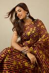 Shop_Label Nitika_Maroon Silk Organza, Chanderi Black Coral Striped Saree With Stitched Blouse  